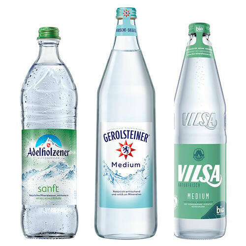 Testsieger bei Öko-Test 2023 von links nach rechts: Adelholzener sanft, GEROLSTEINER medium und VILSA medium.