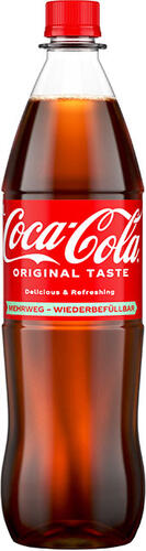 1-Liter-Flasche von Coca-Cola mit Hinweis auf Mehrweg und Wiederbefüllbarkeit.