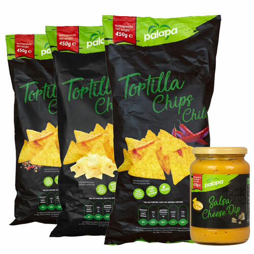 Tortilla Chips von palapa in verschiedenen Sorten mit dem passenden Salsa Cheese Dip