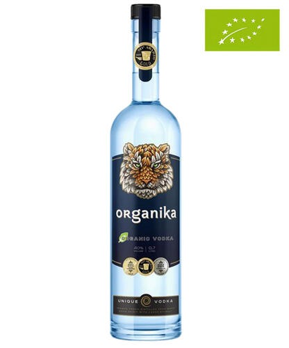 Bio-Vodka ORGANIKA in der Flasche mit dem Blätter-Löwen.