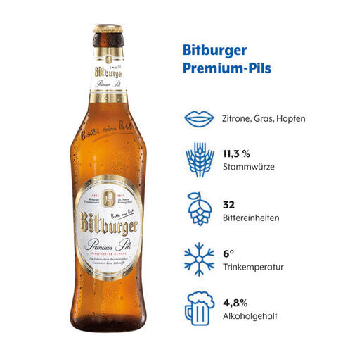 Flasche Bitburger Premium Pils mit Angaben zum Geschmacksprofil