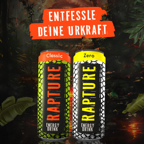 Raubtier-Auge blickt aus Dschungellandschaft, daneben Dosen mit RAPTURE Energy Drink