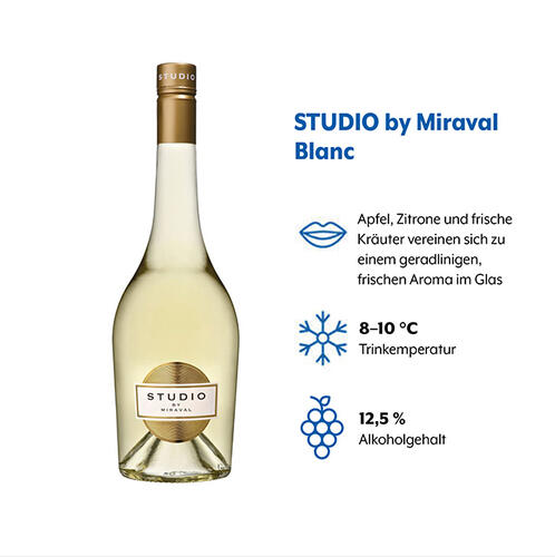 Flasche und Geschmacksprofil von STUDIO by Miraval Blanc