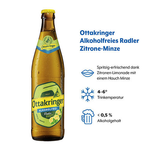 Geschmacksprofil von Ottakringer Alkoholfrei Radler Zitrone-Minze mit den Angaben Geschmack, optimale Trinktemperatur und Alkoholgehalt