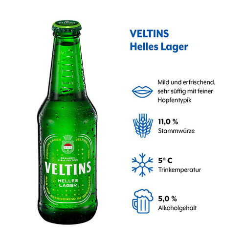 Geschmacksprofil von VELTINS Helles Lager mit den Angaben Geschmack, Stammwürze, optimale Trinktemperatur und Alkoholgehalt