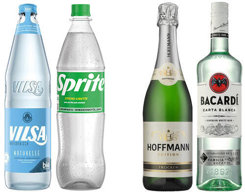 Zutaten für unseren Shrup: VILSA Naturelle, Sprite, Sekt aus der HOFFMANN Edition und BACARDÍ.