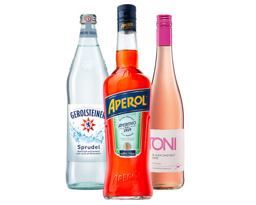 Flaschen von TONI, Gerolsteiner Sprudel und APEROL Aperitivo