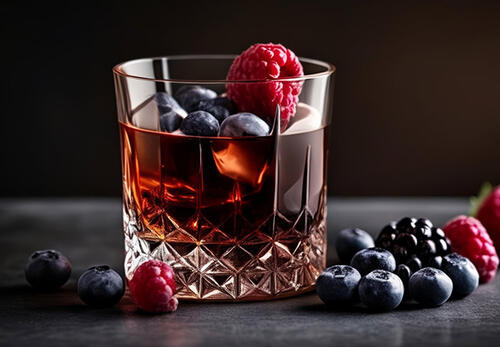 Glas Whiskey Sour mit Beeren dekoriert