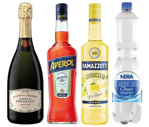 Flaschenabbildungen von RAMAZZOTTI Limoncello, APEROL Aperitivo, NERA Mineralwasser Classic und Asolo Prosecco superiore von DOPPIO PASSO