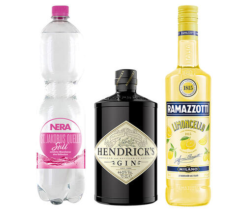 Flaschenabbildungen von RAMAZZOTTI Limoncello, HENDRICK’S Gin und NERA Mineralwasser Still