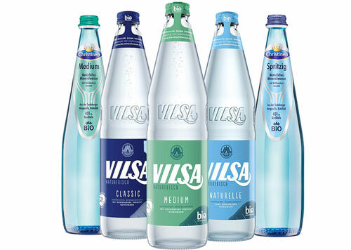 Viel Qualität – auch für die Umwelt: VILSA Bio-Mineralwasser in den Sorten Classic, Medium und Naturelle sowie Christinen in den Sorten Spritzig und Medium.