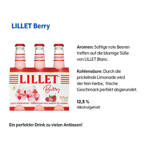 Geschmacksprofil von LILLET Berry mit den Rubriken Aromen, Kohlensäure und Alkoholgehalt