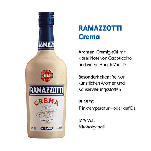 Geschmacksprofil von RAMAZZOTTI Crema mit den Rubriken Aromen, Besonderheiten, Trinktemperatur und Alkoholgehalt