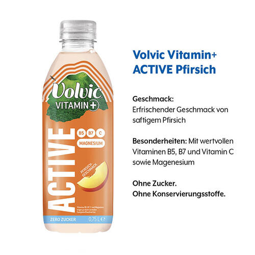 Geschmacksprofil von Volvic Vitamin+ ACTIVE Pfirsich mit den Rubriken Geschmack, Besonderheiten und Inhaltsstoffe