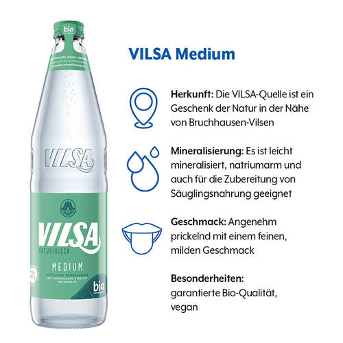 Geschmacksprofil von VILSA Medium mit den Kategorien Herkunft, Mineralisierung, Geschmack und Besonderheiten