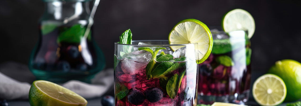 Fruchtig-frische Alternative zum klassischen Gin: mit BERLINER BRANDSTIFTER alkoholfrei, Minze, Limette und viel Blaubeere.