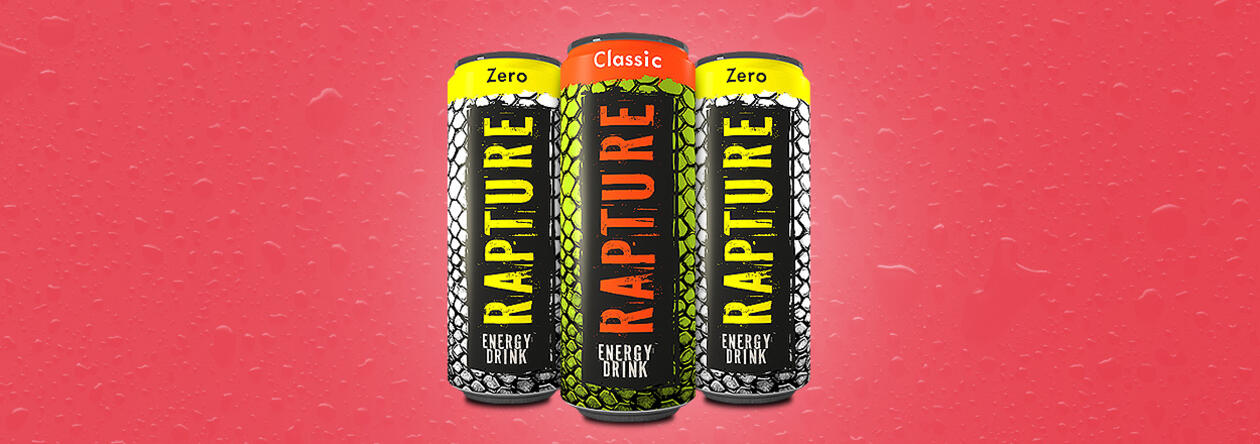 Raubtier-Auge blickt aus Dschungellandschaft, daneben Dosen mit RAPTURE Energy Drink