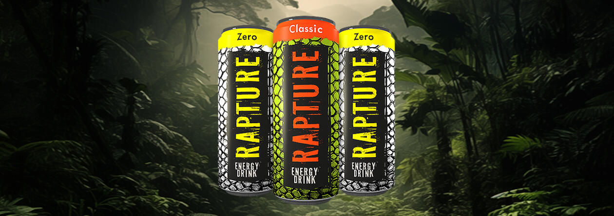 Raubtier-Auge blickt aus Dschungellandschaft, daneben Dosen mit RAPTURE Energy Drink