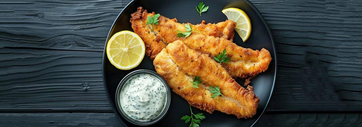 Teller mit Fisch in Bierpanade und Dip serviert