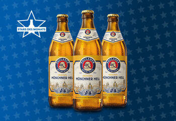 Flaschen von PAULANER Münchner Hell auf Sternchenhintergrund der GH Aktion Stars des Monats